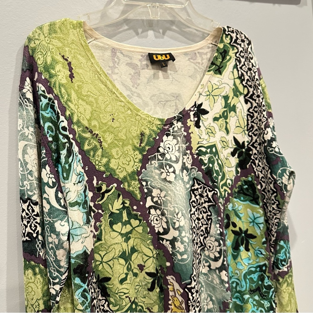 Silk Lightweight Knit Long Sleeve Sweater V-Neck Abstract Floral Y2K Grunge Lg - Picture 11 of 16